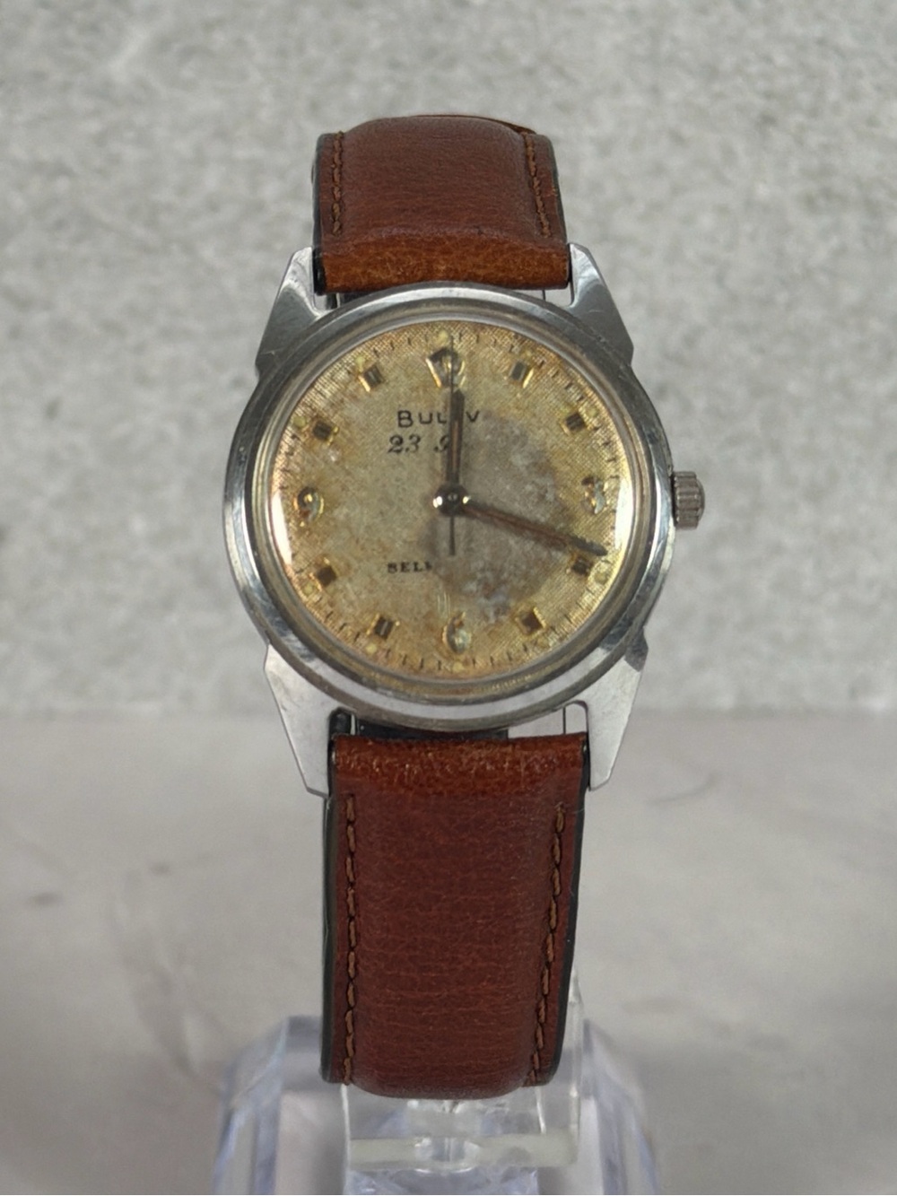 Bulova 23 Jewels Self-Winding Automatic Men' Watch Gold Dial Brown Leather Strap